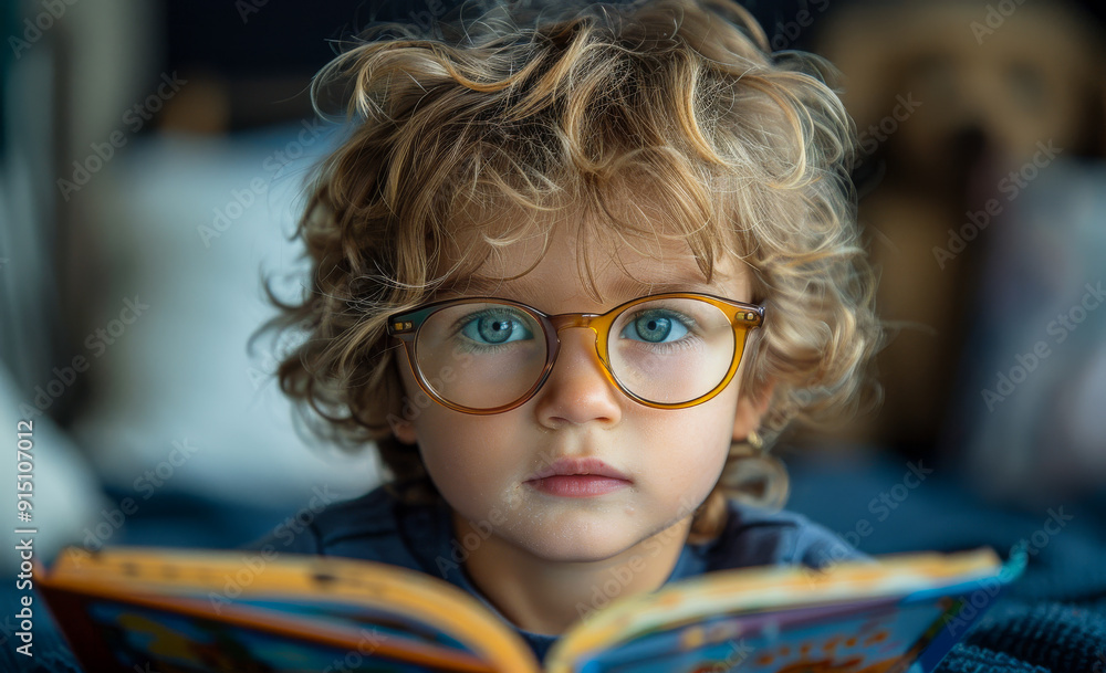 A young boy with glasses is reading a book. The boy is wearing a blue shirt and has blonde hair A young boy with glasses is reading a book. The boy is wearing a blue shirt and has blonde hair