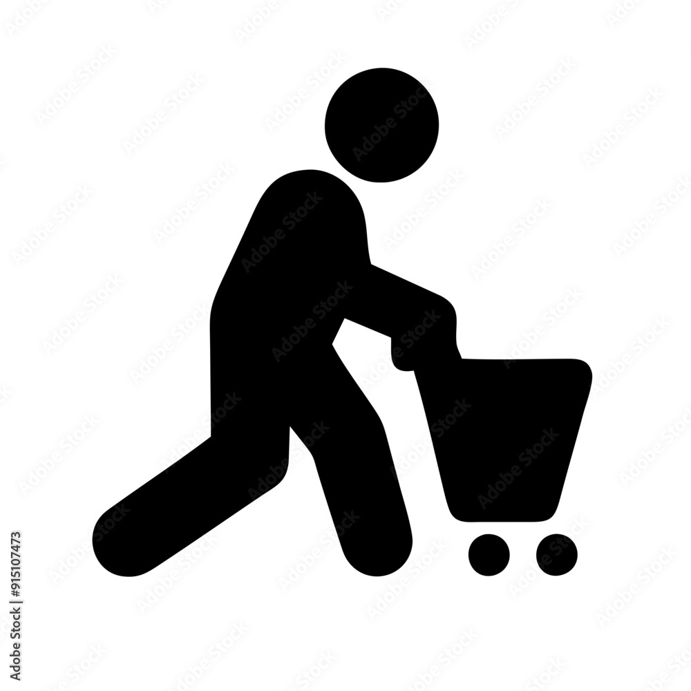 Character man pushing shopping cart icon vector symbol. Character man pushing shopping cart icon vector symbol.