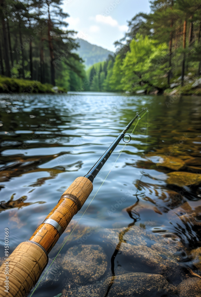 A fishing rod is in the water with a fish on it. The water is calm and the surrounding area is lush with trees A fishing rod is in the water with a fish on it. The water is calm and the surrounding area is lush with trees