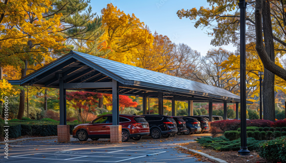 A parking garage with a large roof and several cars parked underneath. The cars are parked in rows, with some of them being red A parking garage with a large roof and several cars parked underneath. The cars are parked in rows, with some of them being red