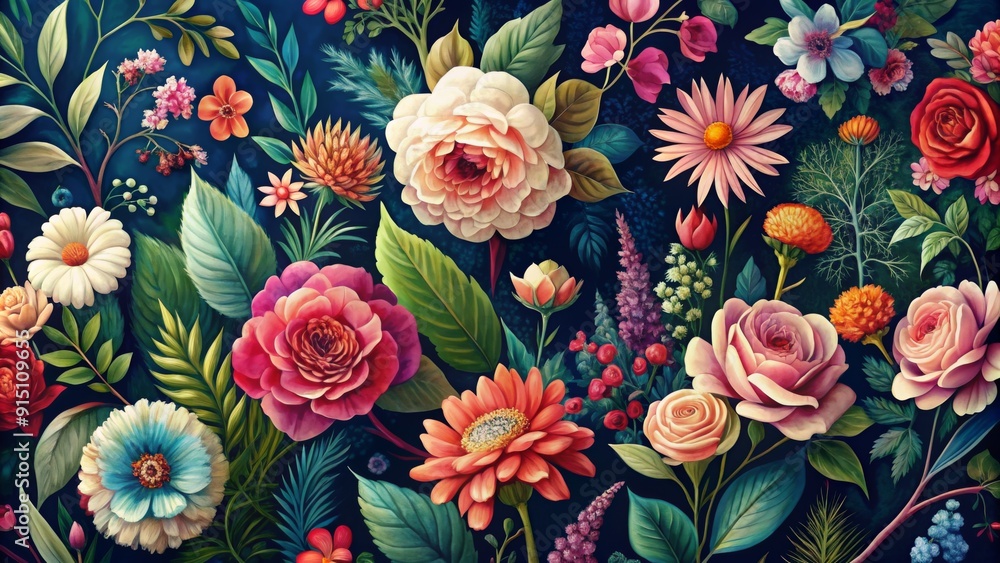 Blooming Paradise A Digital Painting of Lush Floral Delights on a Midnight Blue Canvas - Floral Art, Botanical Illustration, Digital Painting, Flower Pattern, Garden Art, Nature Art, Wall Art Blooming Paradise A Digital Painting of Lush Floral Delights on a Midnight Blue Canvas - Floral Art, Botanical Illustration, Digital Painting, Flower Pattern, Garden Art, Nature Art, Wall Art