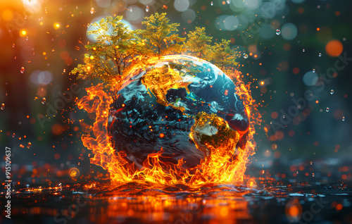 A fire is burning on a planet. The fire is surrounded by water and a tree. Concept of destruction and the fragility of our planet