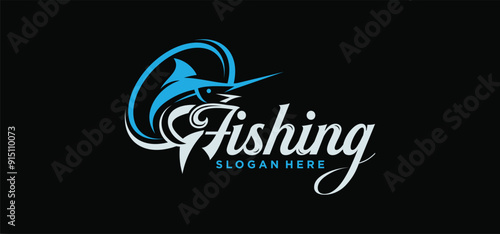 fishing logo design, Fishing Logo in the sea Fish Hunter Logo Design Template with Hook concept.
