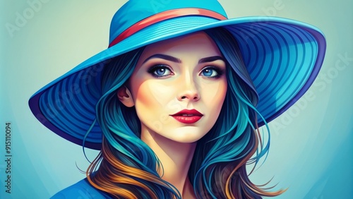 Blue Hatted Woman with Turquoise Hair A Digital Portrait with Blue and Orange Hues, Illustration, Fantasy, Woman, Portrait, Blue, Turquoise