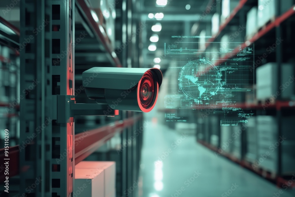 Surveillance camera monitoring a high-tech warehouse with holographic data displays for inventory management and security analysis. Surveillance camera monitoring a high-tech warehouse with holographic data displays for inventory management and security analysis.
