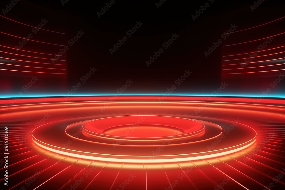 Obraz premium Red neon glowing platform, dark background.