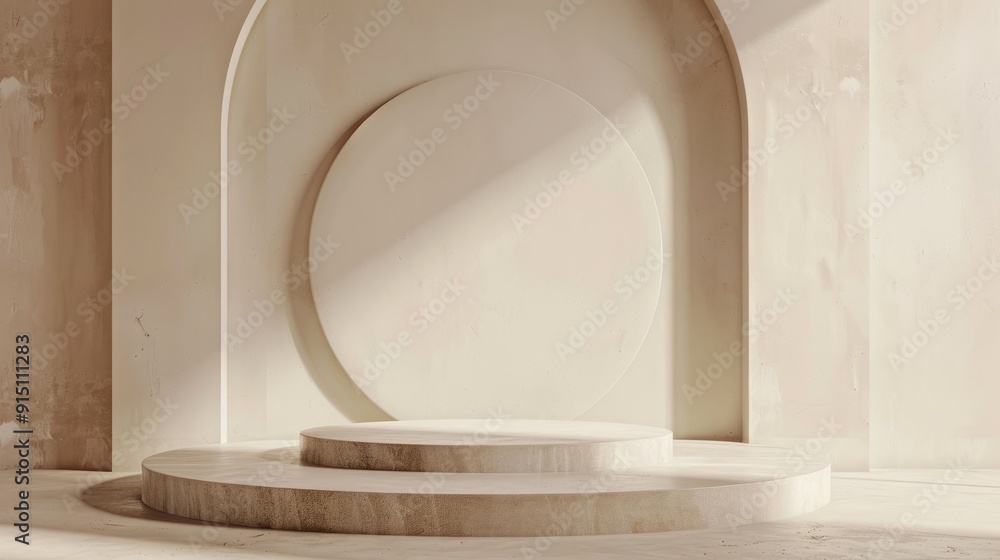 Advertising idea with empty display featuring circular beige pedestal on an off-white wall. Advertising idea with empty display featuring circular beige pedestal on an off-white wall.