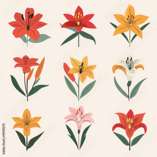 Snap Lily Flower Icon Set, Garden Snaplily Flower Flat Design, Abstract Snap Lily Flower Symbol