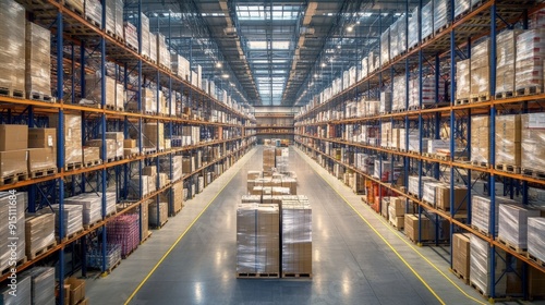 Wide-angle view of a large warehouse with shelves stocked with goods, showcasing the organized storage and logistics infrastructure.