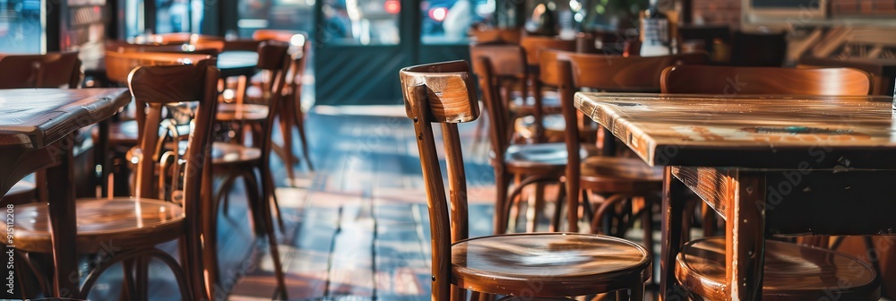 Close Restaurant. Empty Chairs and Tables in Wooden Furniture Store Close Restaurant. Empty Chairs and Tables in Wooden Furniture Store
