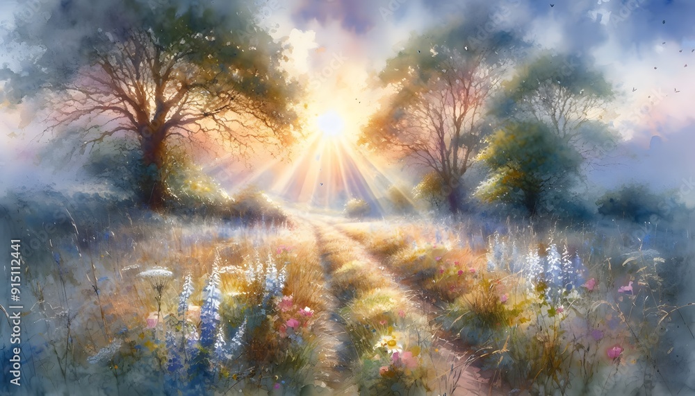 An Impressionist's Journey Through a Sunlit Meadow in Delicate Watercolor Hues, Frame TV Art, Art Display for Smart TV. An Impressionist's Journey Through a Sunlit Meadow in Delicate Watercolor Hues, Frame TV Art, Art Display for Smart TV.