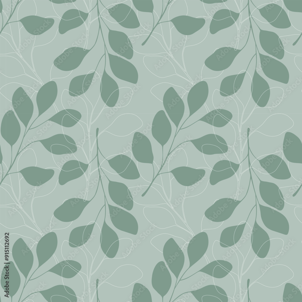 Eucalyptus branches pattern, leaves silhouette and contour on green pastel background. Eucalyptus branches pattern, leaves silhouette and contour on green pastel background.