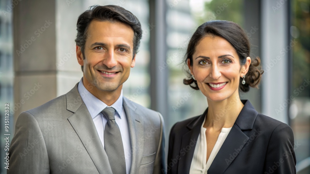 Confident Business Partners Portrait of a man and woman in suits smiling, corporate, collaboration, teamwork, professional, success, leadership Confident Business Partners Portrait of a man and woman in suits smiling, corporate, collaboration, teamwork, professional, success, leadership