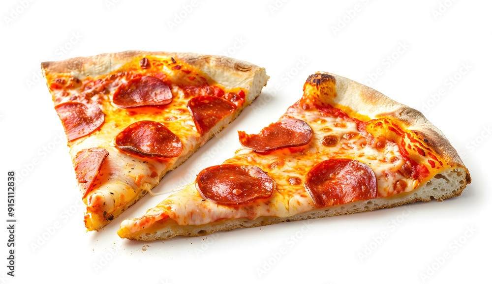 Two slices of cold leftover pepperoni pizza against a white background isolated on a white background design Two slices of cold leftover pepperoni pizza against a white background isolated on a white background design
