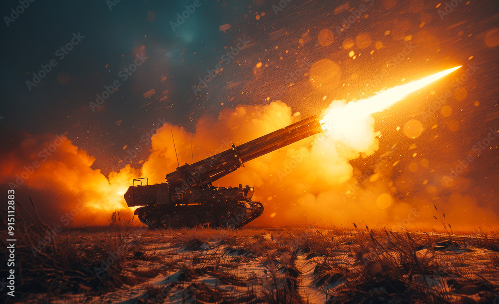 Obraz premium A large military tank is firing a cannon, with smoke and fire trailing behind it