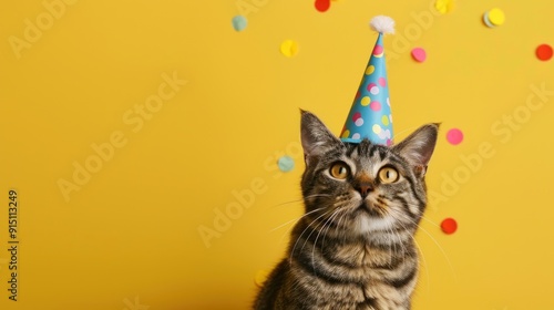 Tabby Cat with Birthday Hat on Yellow Background