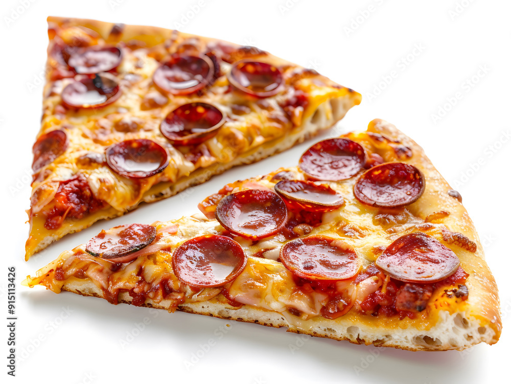 Two slices of cold leftover pepperoni pizza against a white background isolated on a white background design Two slices of cold leftover pepperoni pizza against a white background isolated on a white background design