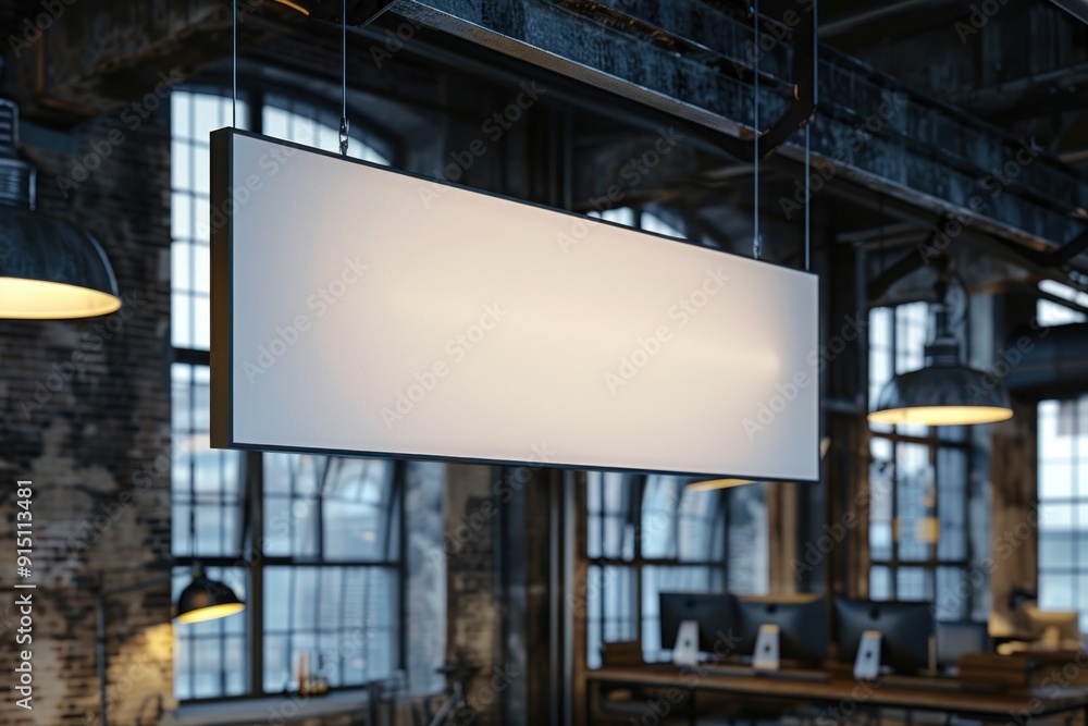 Blank Sign Hanging in Modern Loft Office Blank Sign Hanging in Modern Loft Office