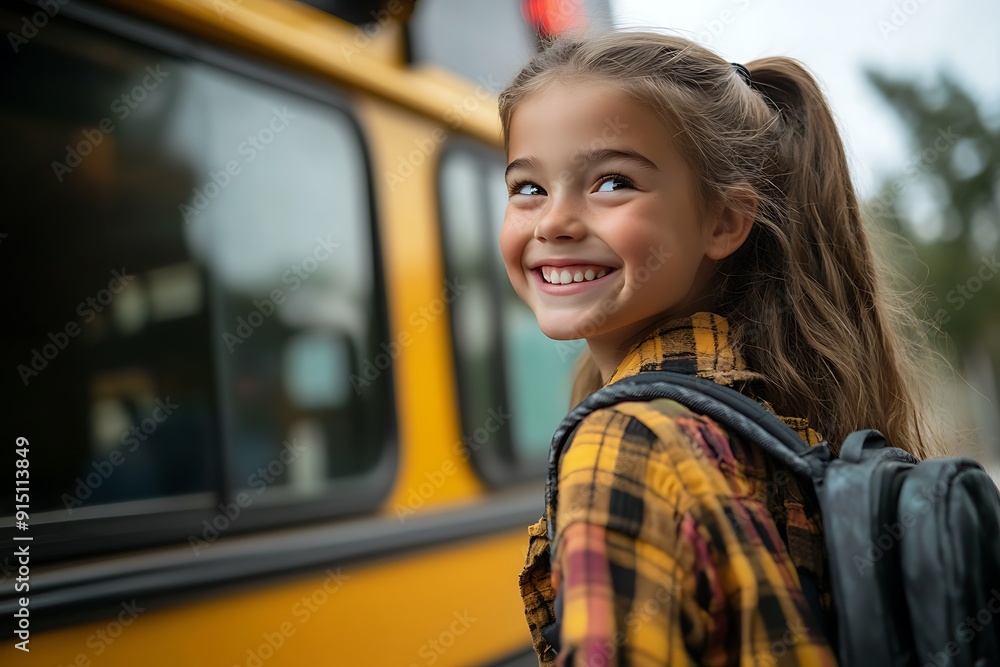 Smiling student kid Boarding School Bus On A Sunny Day Smiling student kid Boarding School Bus On A Sunny Day