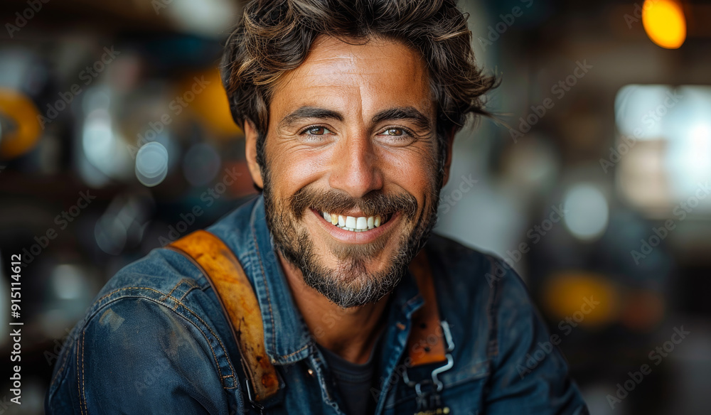 A man with a beard and a blue jacket is smiling. He is wearing a leather strap around his neck A man with a beard and a blue jacket is smiling. He is wearing a leather strap around his neck