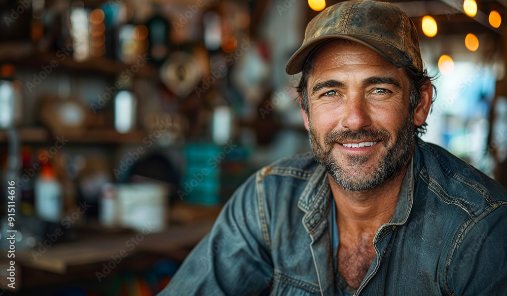 A man with a hat and beard is smiling at the camera. He is wearing a blue shirt and jeans A man with a hat and beard is smiling at the camera. He is wearing a blue shirt and jeans