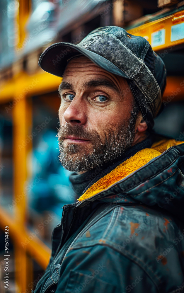 A man with a beard and a hat is standing in front of a yellow shelf A man with a beard and a hat is standing in front of a yellow shelf