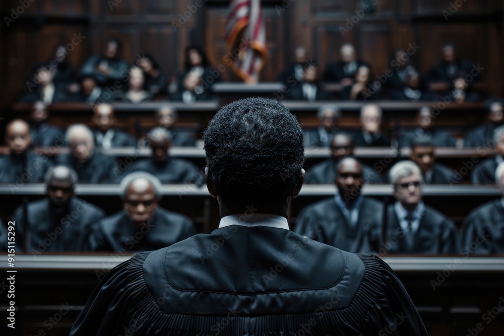 A judge with back to the camera addresses a courtroom full of professionals seated in rows, with the American flag in the background, representing the solemnity of justice. A judge with back to the camera addresses a courtroom full of professionals seated in rows, with the American flag in the background, representing the solemnity of justice.