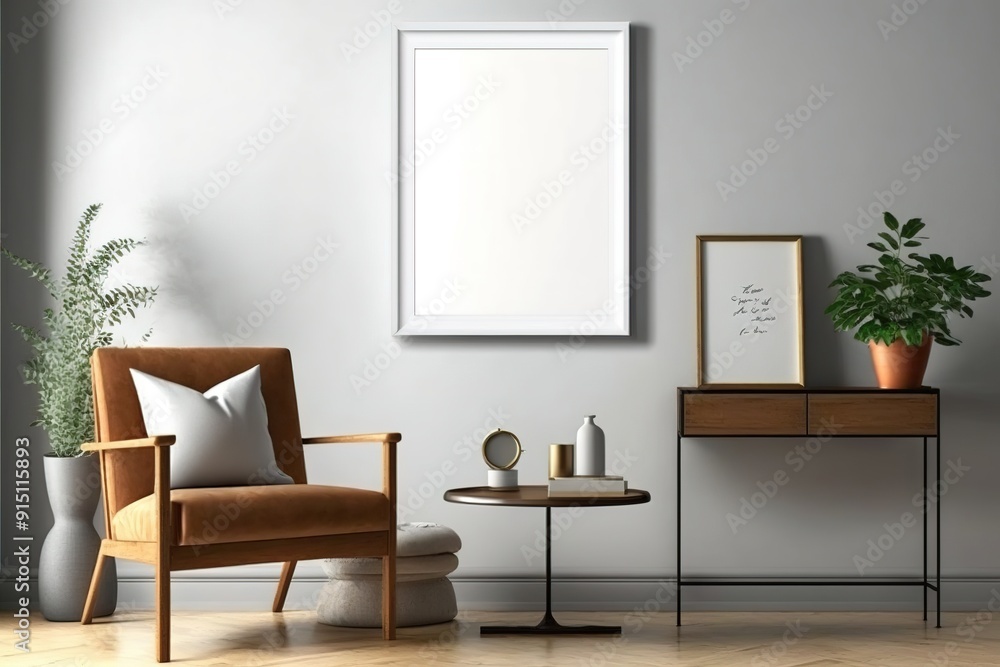 Modern living room interior with armchair, coffee table, and blank picture frame. Modern living room interior with armchair, coffee table, and blank picture frame.