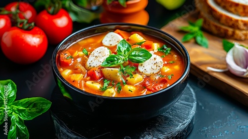 A vibrant bowl of vegetable soup garnished with fresh basil and cheese, perfect for a healthy meal or recipe inspiration.