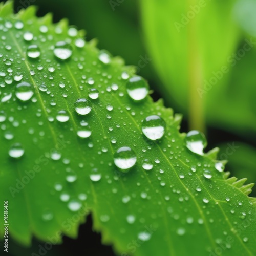 A single dew-kissed leaf glistens with unbroken water droplets against a softly blurred outdoor background. photo