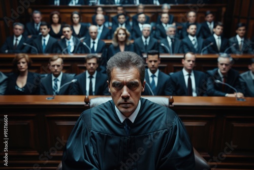 A serious judge sits in a courtroom surrounded by a large number of professionals, all focused on the solemn legal proceedings, with American flags visible in the background.