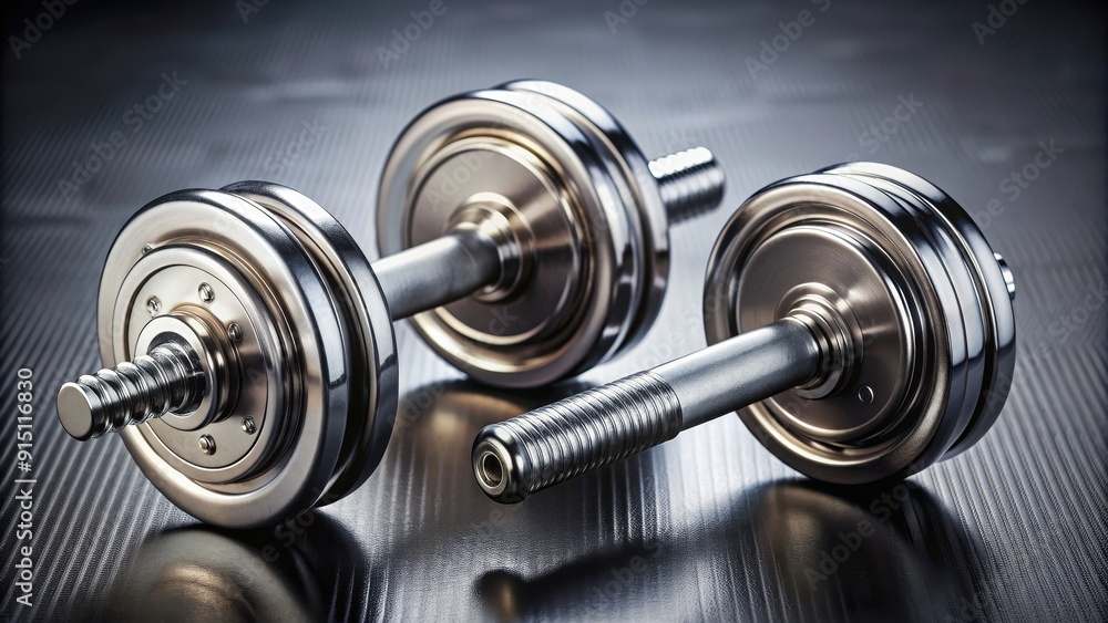 Naklejka premium Close up view of a pair of metallic dumbbells, fitness, workout, gym equipment