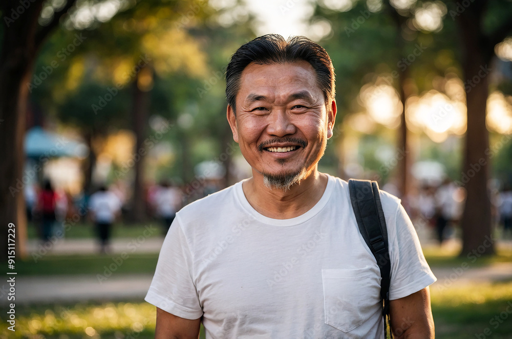 Portrait of a middle-aged Mongolian man with a warm smile, wearing a plain white t-shirt, standing with his hands in his pockets, park bokeh background Portrait of a middle-aged Mongolian man with a warm smile, wearing a plain white t-shirt, standing with his hands in his pockets, park bokeh background
