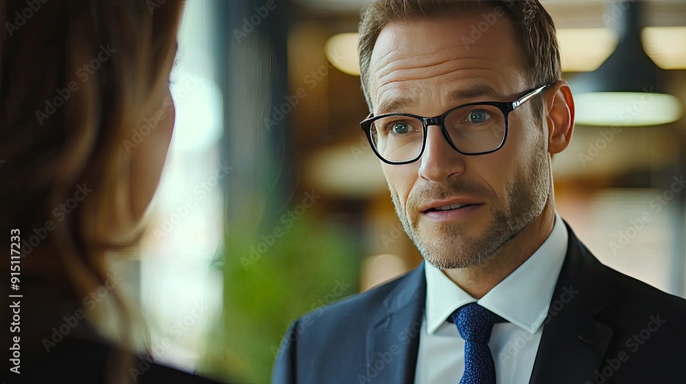 Confident businessman talking to his colleague while standing in front of office building Confident businessman talking to his colleague while standing in front of office building