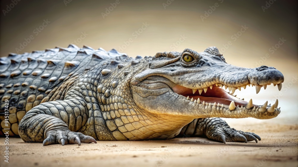Obraz premium Realistic crocodile with closed mouth and four legs on ground, crocodile, animal, wildlife, predator, reptile, realistic
