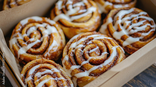 Cinnamon roll or cinnabon in paper box top view Homemade sweet traditional dessert buns with white cream sauce 