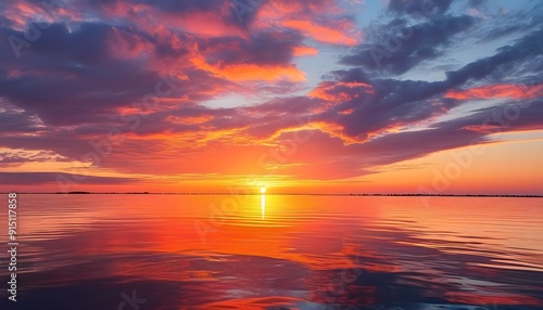 At sunset, the setting sun shines on the water, forming a beautiful gradient of orange and pink.