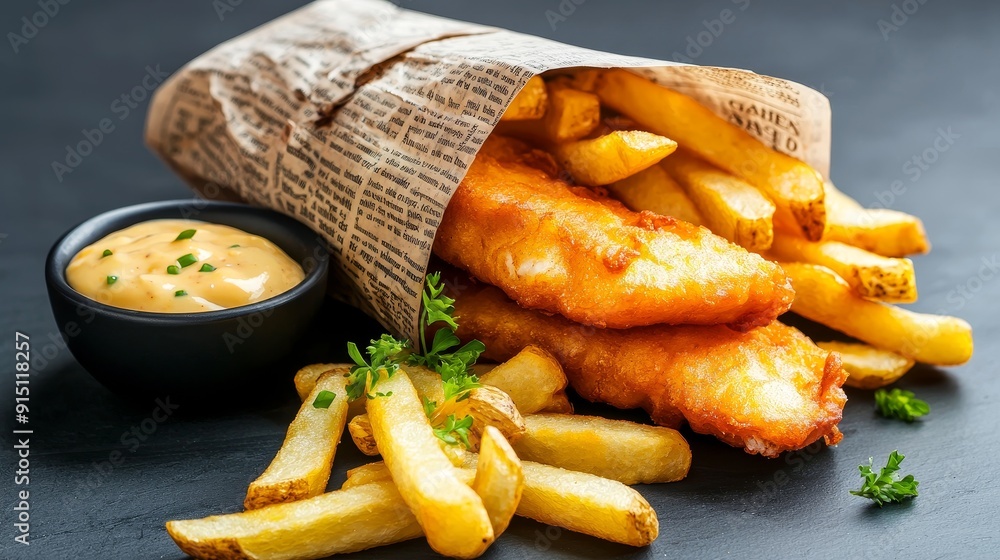 Crispy fish and golden fries served in a rustic style, perfect for seafood lovers and appetizing meal presentations. Crispy fish and golden fries served in a rustic style, perfect for seafood lovers and appetizing meal presentations.
