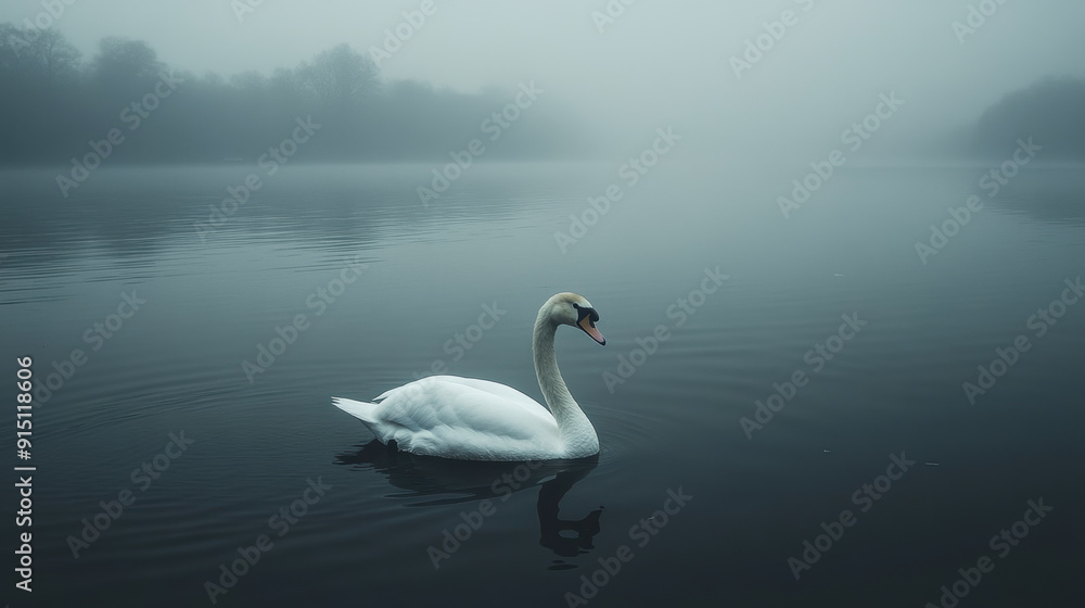 Swan on a Misty Lake at Dusk. Swan on a Misty Lake at Dusk.