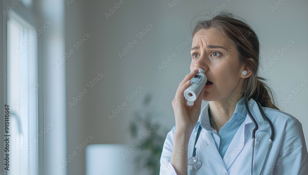 Female doctor with inhaler having asthma attack in clinic Female doctor with inhaler having asthma attack in clinic