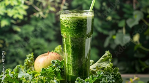 Green smoothie with a straw in a glass, surrounded by kale and an apple photo