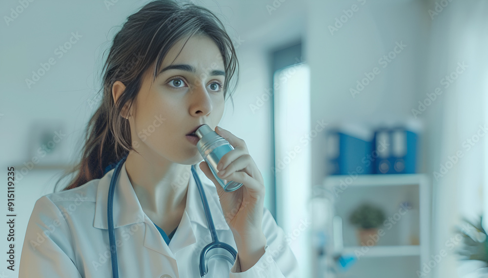 Female doctor with inhaler having asthma attack in clinic Female doctor with inhaler having asthma attack in clinic