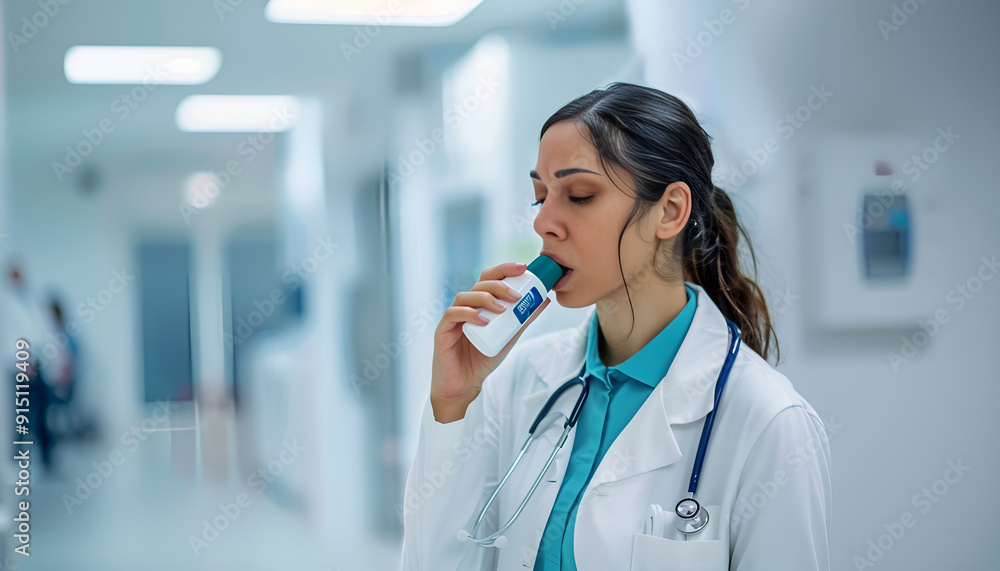 Female doctor with inhaler having asthma attack in clinic Female doctor with inhaler having asthma attack in clinic