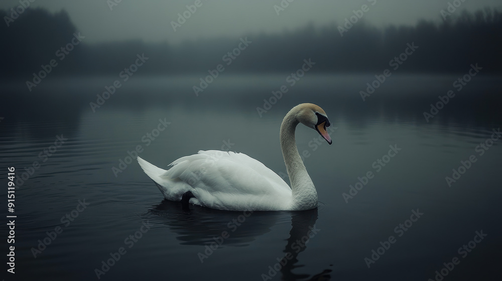 Swan on a Misty Lake at Dusk. Swan on a Misty Lake at Dusk.