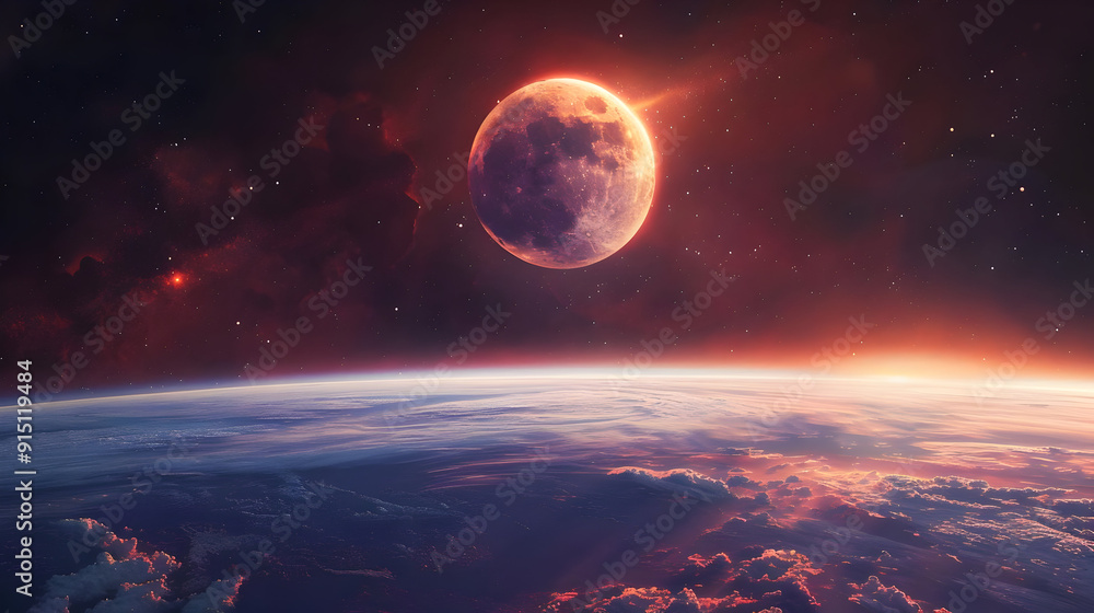 Red Moon over Planet Earth - Space Illustration Red Moon over Planet Earth - Space Illustration