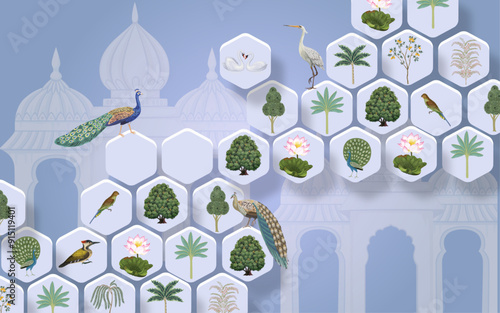 Abstract background with seamless tropical trees pattern , Indian miniature wallpaper for interior decoration , vector illustration design.