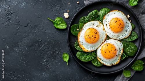 Delicious fried eggs served on fresh spinach, ideal for healthy meal concepts and breakfast inspirations.