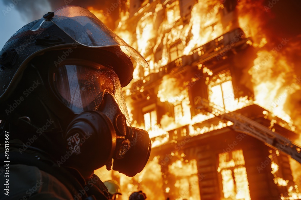 A firefighter dons a gas mask while facing massive flames that engulf a tall building, illustrating the severe conditions and relentless bravery in fire emergencies. A firefighter dons a gas mask while facing massive flames that engulf a tall building, illustrating the severe conditions and relentless bravery in fire emergencies.