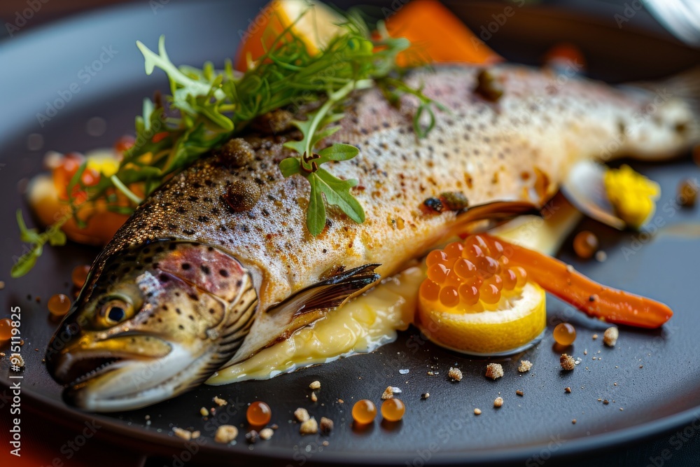 Whole Baked Rainbow Trout, Fried Trout Fish on a Vegetable Pillow with Creamy Caviar Sauce Whole Baked Rainbow Trout, Fried Trout Fish on a Vegetable Pillow with Creamy Caviar Sauce