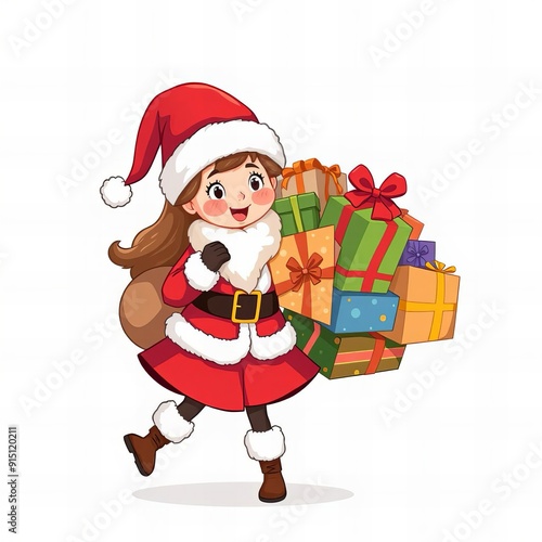 cartoon santa girl carrying a lot of presents.